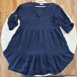 Bellambia Natural Ruffle Hem Dress 100% Linen, Size L, Navy blue